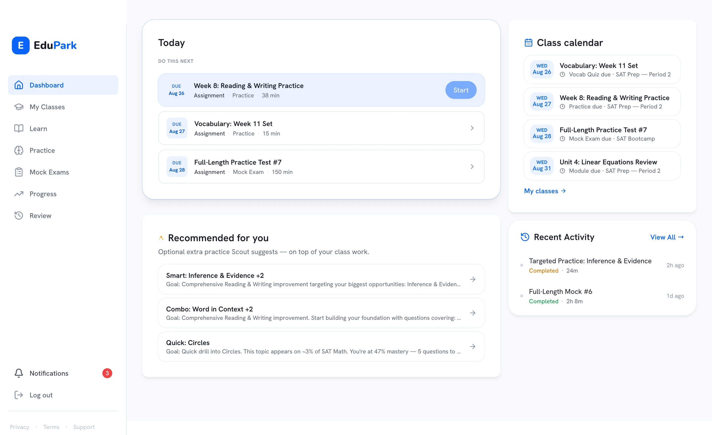 Student dashboard with today's assignments, Scout recommendations, and class calendar
